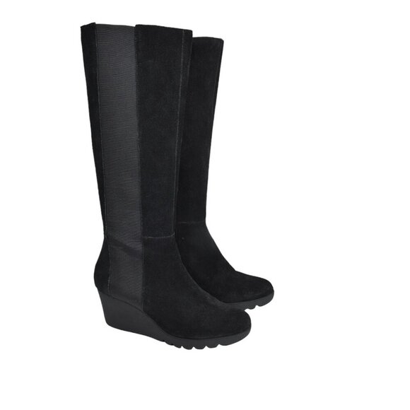 Donald J Pliner Black Suede Tall Boots Wedge Heel Knee High Platform Size 8 - Picture 4 of 13